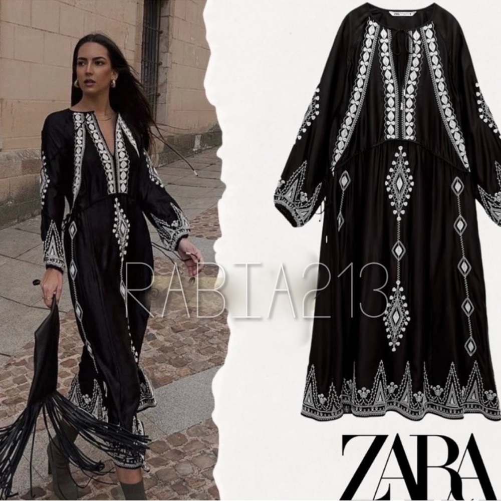 Zara Black Maxi Dress with White Embroidery